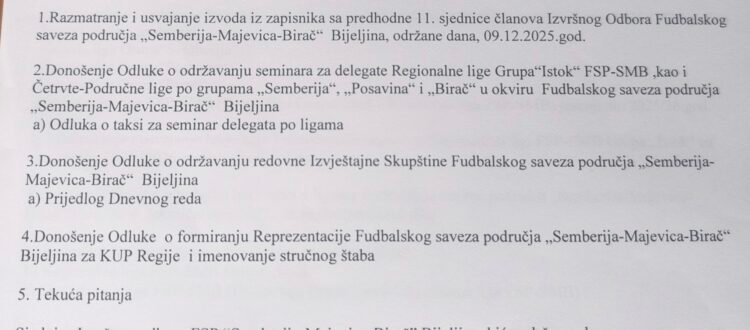 Sjednica će biti održana u ponedjeljak, 23. februara 2026. godine, u prostorijama Fudbalskog saveza područja „Semberija-Majevica-Birač“ u Bijeljini, sa početkom u 16.00 časova.